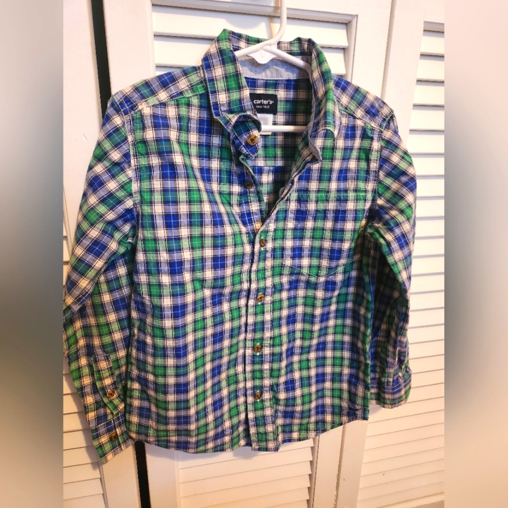 Carters like new boys Blue Green Plaid Long Sleeve Button Up Shirt ,Size 5